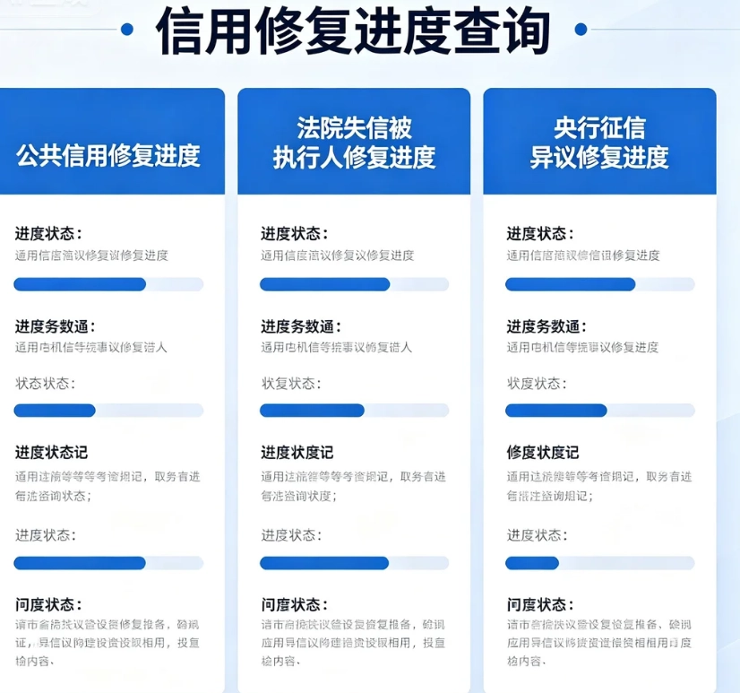 提供信用修复进度查询 公共信用修复进度 法院失信被执行人修复进度 央行征信异议修复进度查询方案