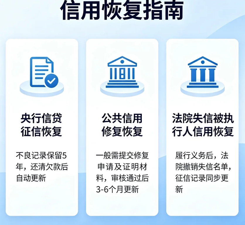 提供信用多久可以恢复 央行信贷征信恢复 公共信用修复恢复 法院失信被执行人信用恢复答案参考
