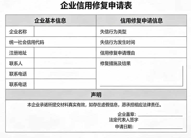 提供企业信用修复申请表格式参考