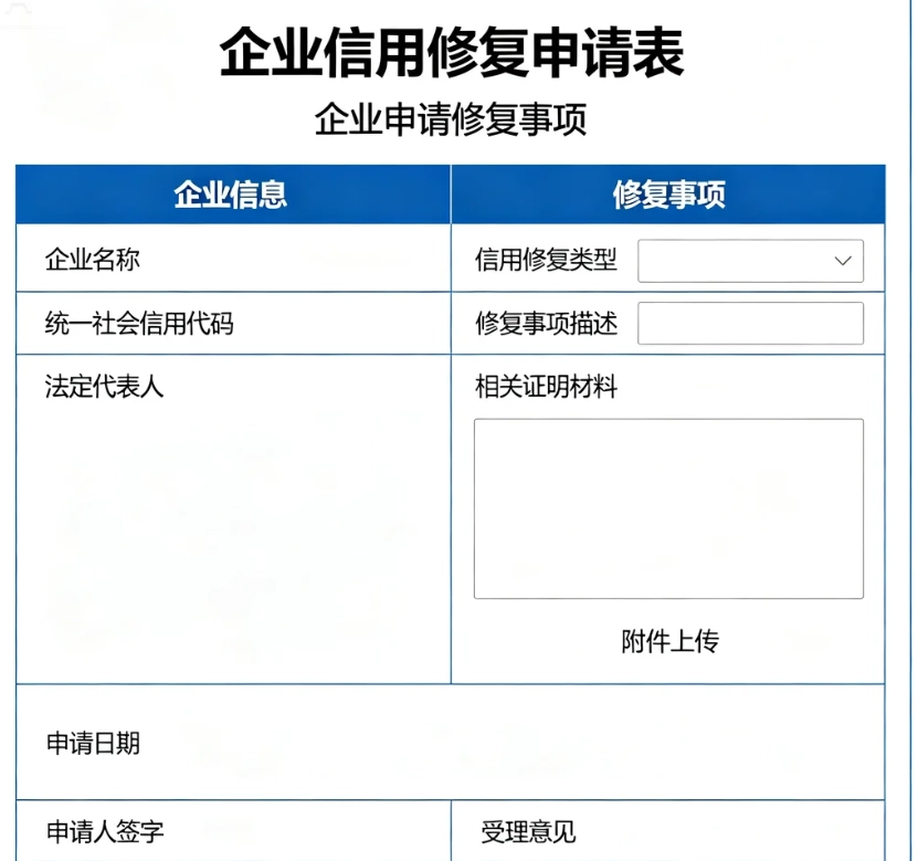 提供企业信用修复申请表 表格模板