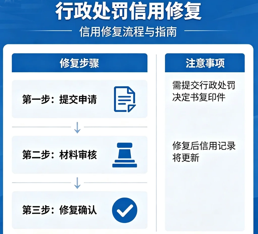 企业行政处罚信息在信用中国公示影响投标、贷款？详解行政处罚信用修复法定条件、申请材料、办理流程。分清公共信用修复与个人征信逾期骗局，避开中介虚假宣传套路。